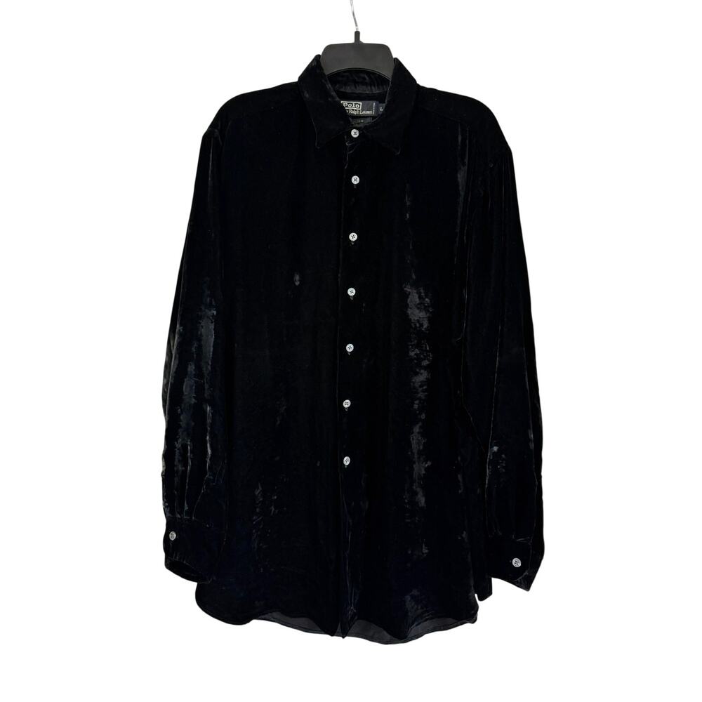 Vintage 90s Polo Ralph Lauren Black Silk Velvet Button Down Walden Shirt Large
